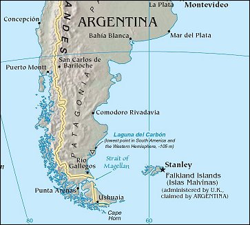 Map of Region around Falkland Islands (Islas Malvinas)